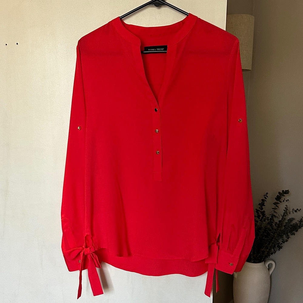 Red V-Neck Tie Blouse- Size Medium